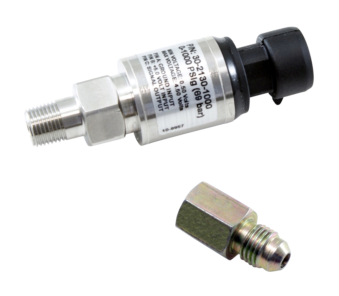 AEM 1000 PSIg Stainless Sensor Kit. Stainless Steel Sensor Body. 1/8" NPT Male Thread. Includes: 1000 PSIg Stainless Sensor, Connector, Pins & 1/8" NPT to -4 Adapter