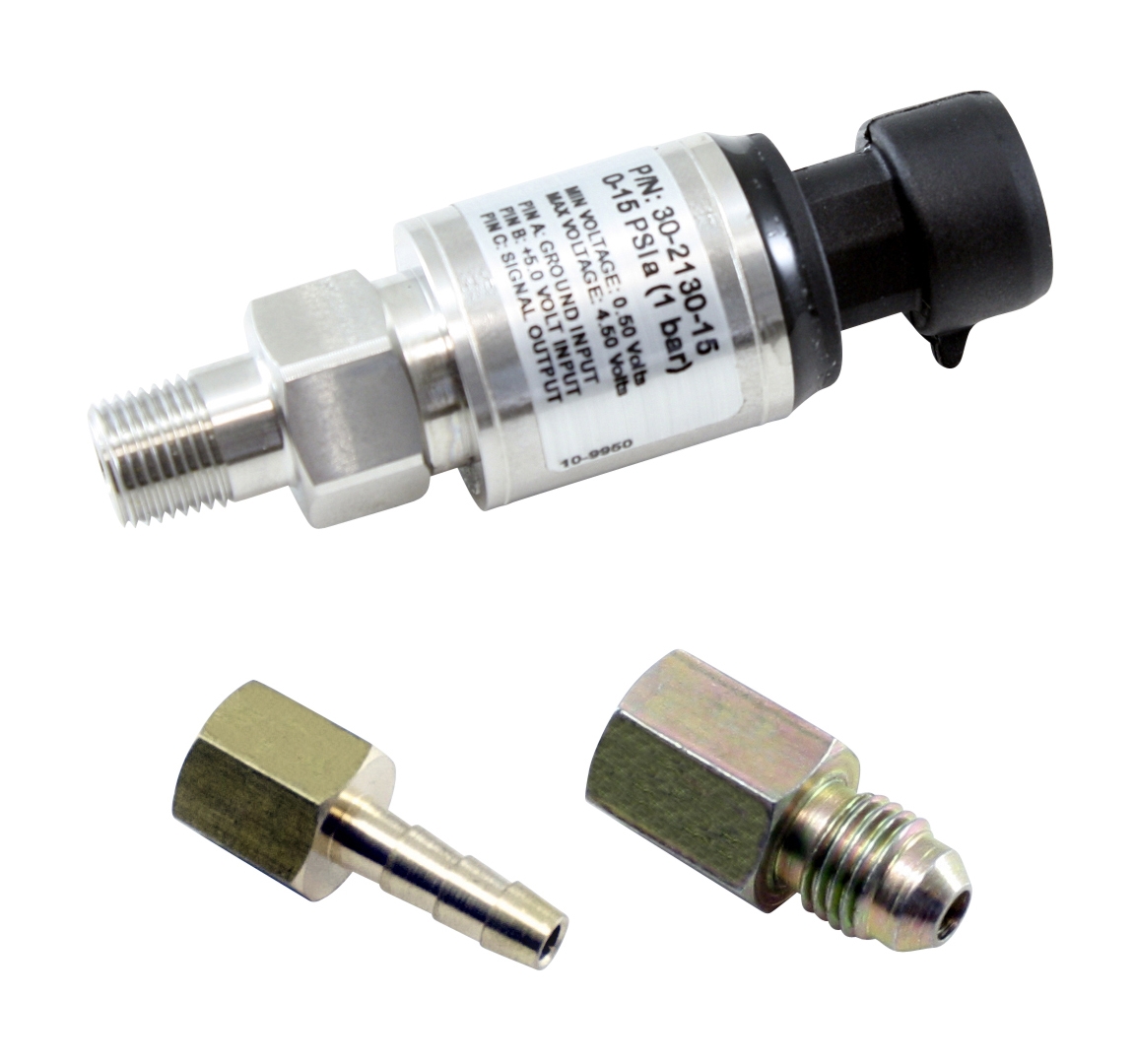 AEM 15 PSIa or 1 Bar Stainless Sensor Kit. Stainless Steel Sensor Body. 1/8" NPT Male Thread. Includes: 15 PSIa or 1 Bar Stainless Sensor, Connector, Pins, 1/8" NPT to -4 Adapter & 1/8" NPT to 3/16" Barb Adapter